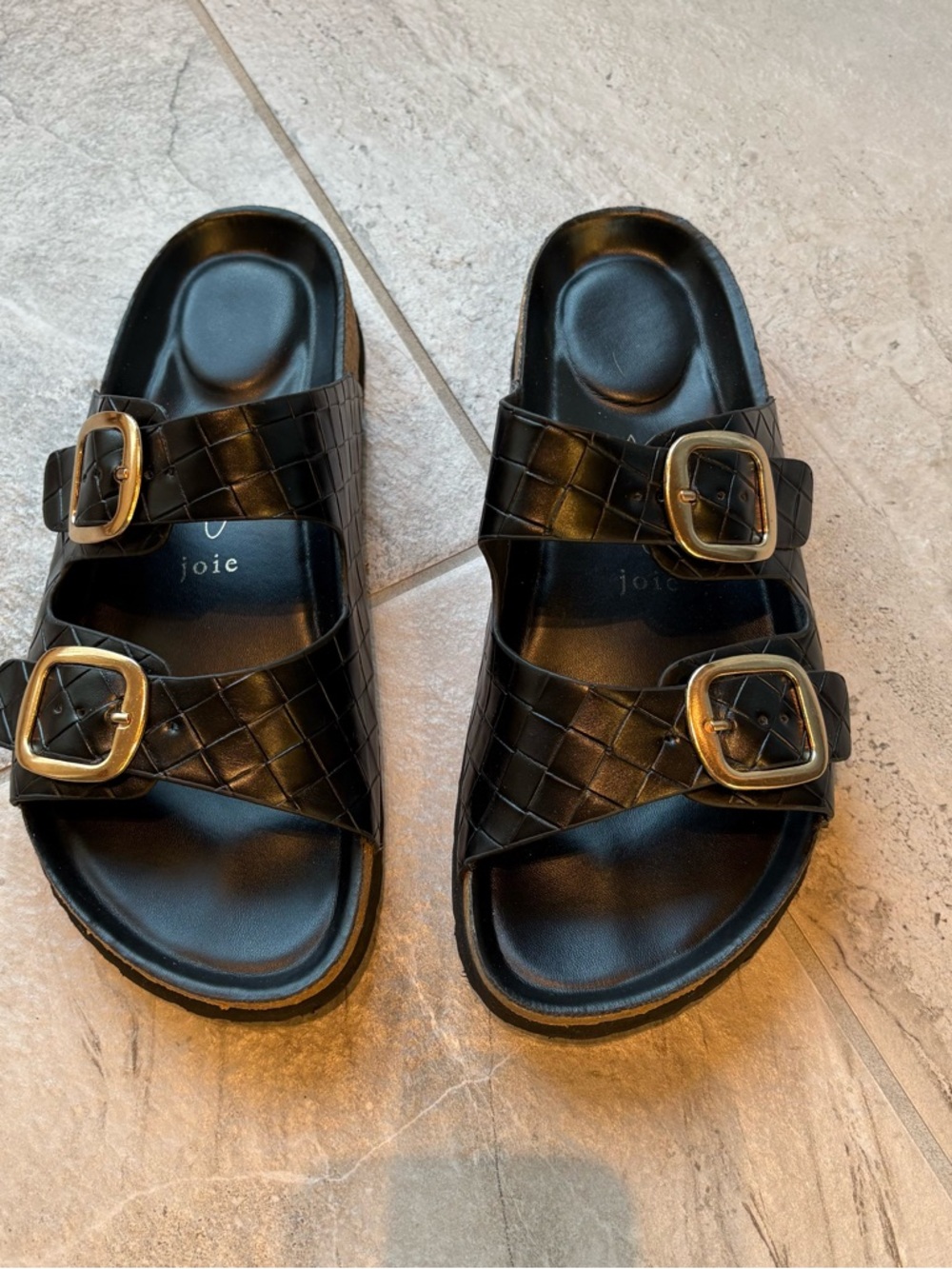 Joie Black Woven Double-Buckle Slide Sandals with Gold Buckles